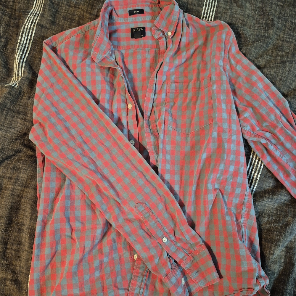 J. Crew Men's Vibrant Red and Blue Plaid Shirt